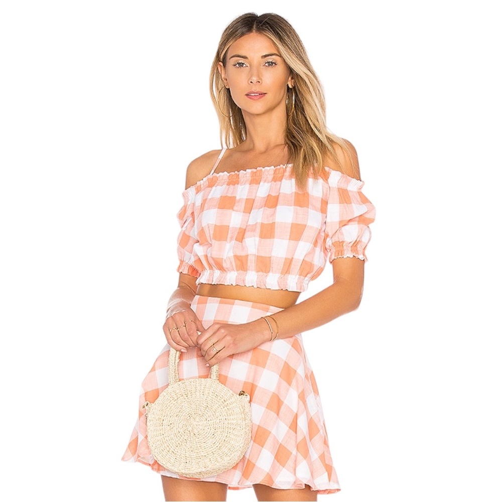 L’Academie REVOLVE Sherbet Orange & White Gingham Plaid Mini Circle Skirt